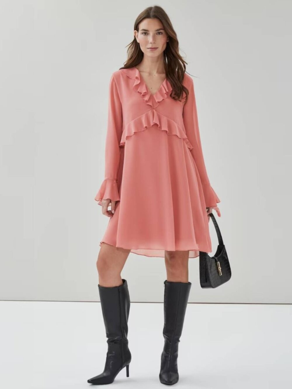 Joe Fresh Ruffle V-neck Long Sleeves Chiffon Dress in Pink
